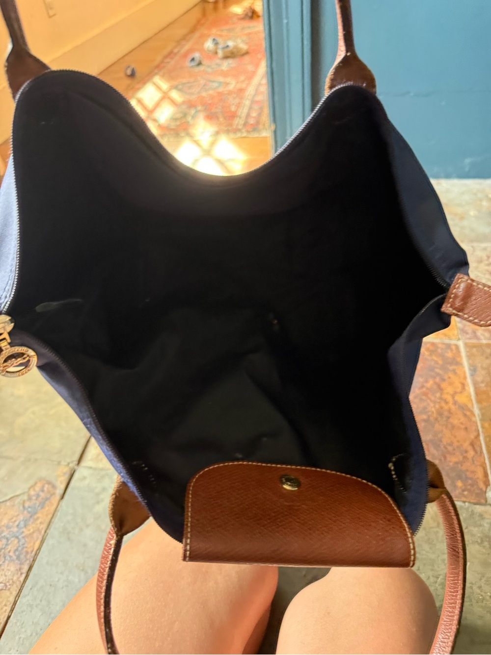 Longchamp Navy Tote with Brown Leather Trim - Picture 6 of 7